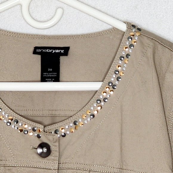 Lane Bryant Khaki Twill Jacket Gold Silver Studs Button Front Long Sleeves - Picture 2 of 5